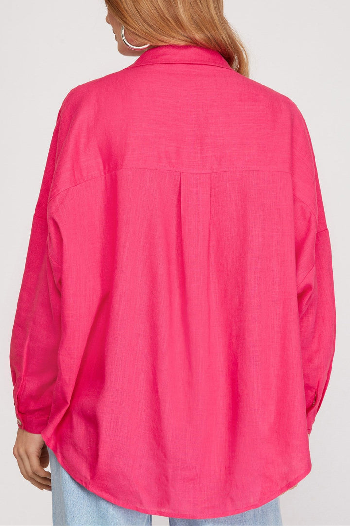 LONG SLEEVE COLLARED OVERSIZED WOVEN TOP