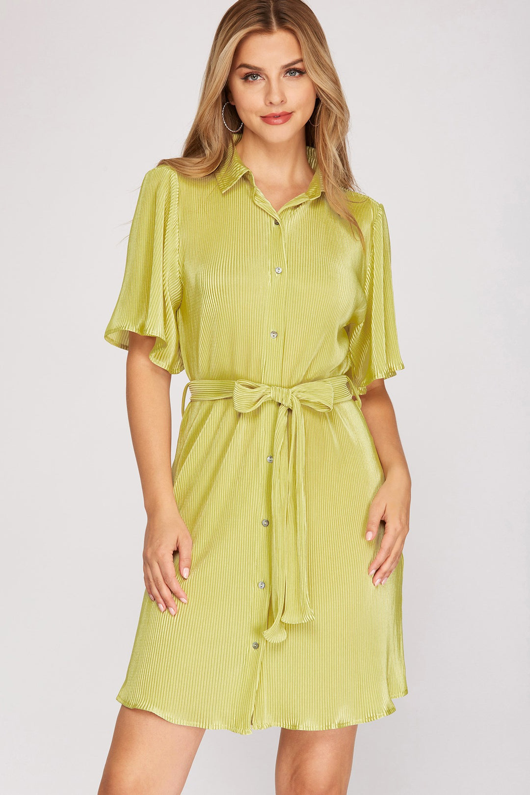 HALF SLEEVE PLISSE WOVEN BUTTON DOWN DRESS WITH WAIST SASH