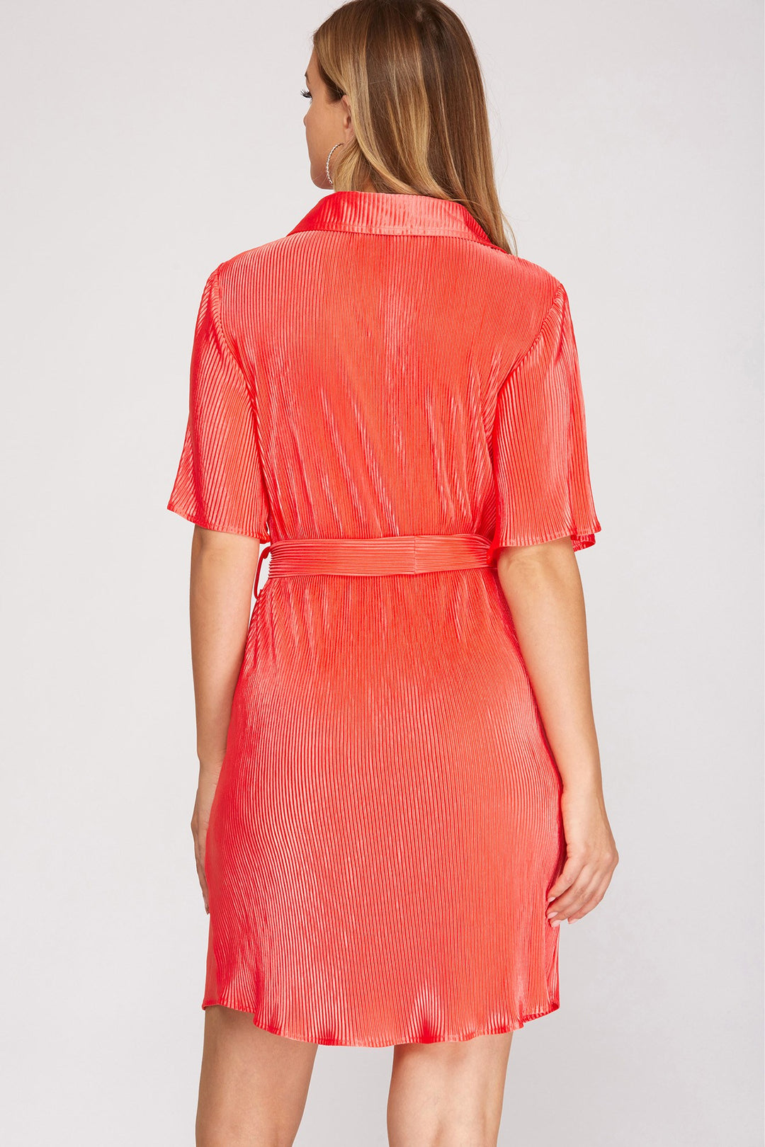 HALF SLEEVE PLISSE WOVEN BUTTON DOWN DRESS WITH WAIST SASH