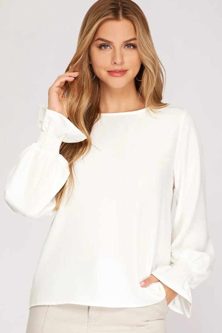 SMOCKED LONG BUBBLE SLEEVE WOVEN TOP-SKSS2122R4