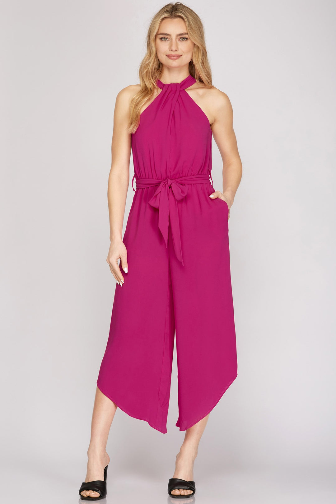 HALTER NECK WITH WAIST SASH WOVEN JUMPSUIT