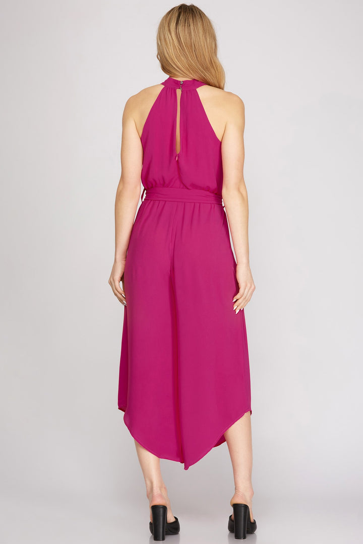HALTER NECK WITH WAIST SASH WOVEN JUMPSUIT