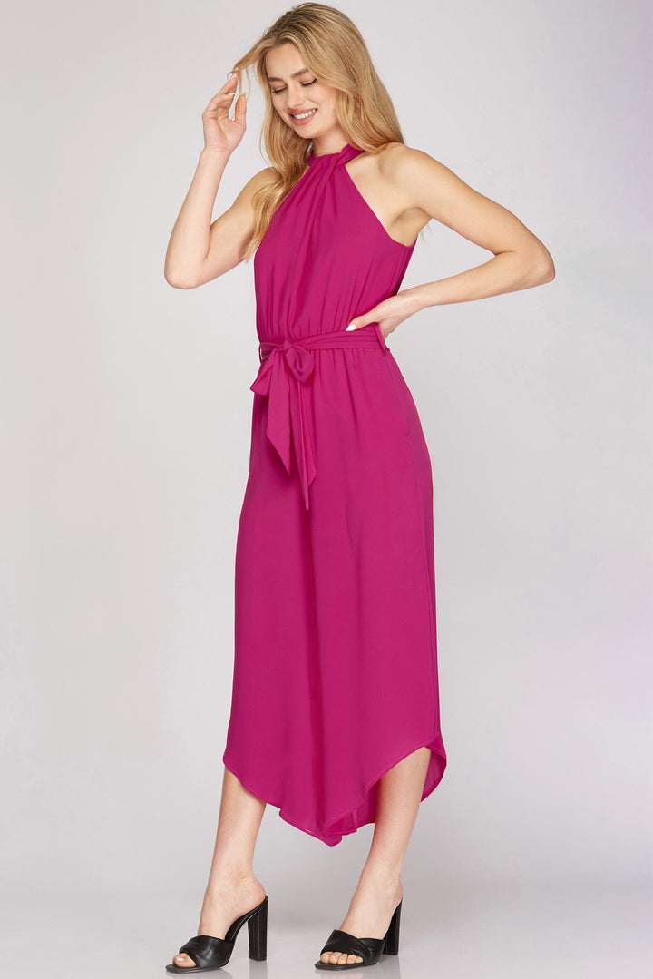 HALTER NECK WITH WAIST SASH WOVEN JUMPSUIT