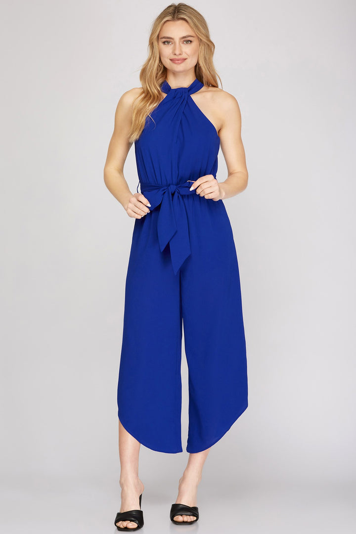 HALTER NECK WITH WAIST SASH WOVEN JUMPSUIT
