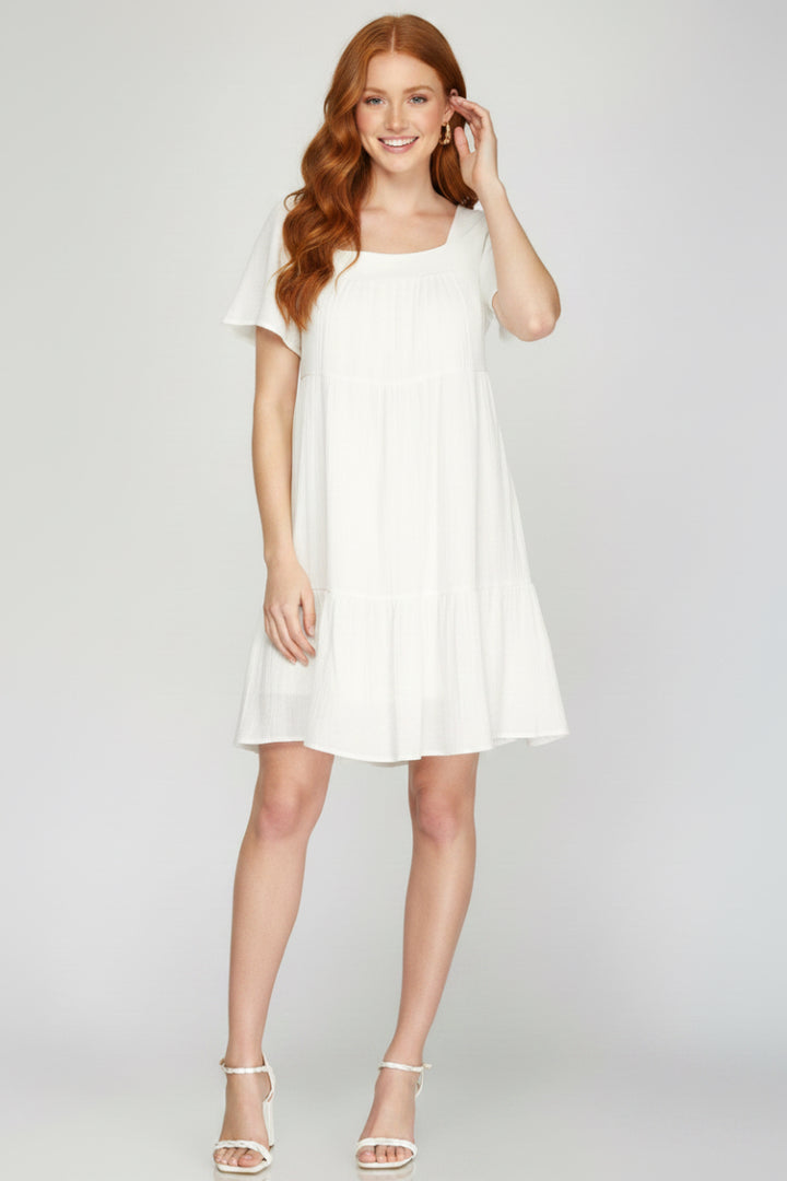 SHORT SLEEVE SQUARE NECK GAUZE TIERED DRESS-SKSY3759