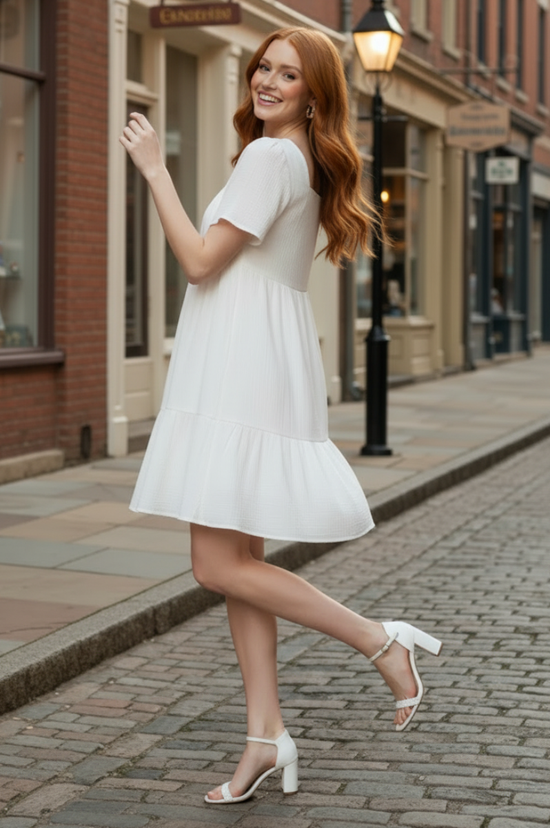 SHORT SLEEVE SQUARE NECK GAUZE TIERED DRESS-SKSY3759