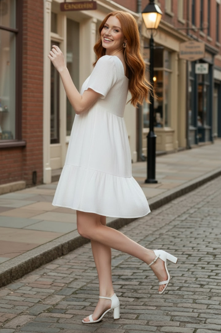 SHORT SLEEVE SQUARE NECK GAUZE TIERED DRESS-SKSY3759
