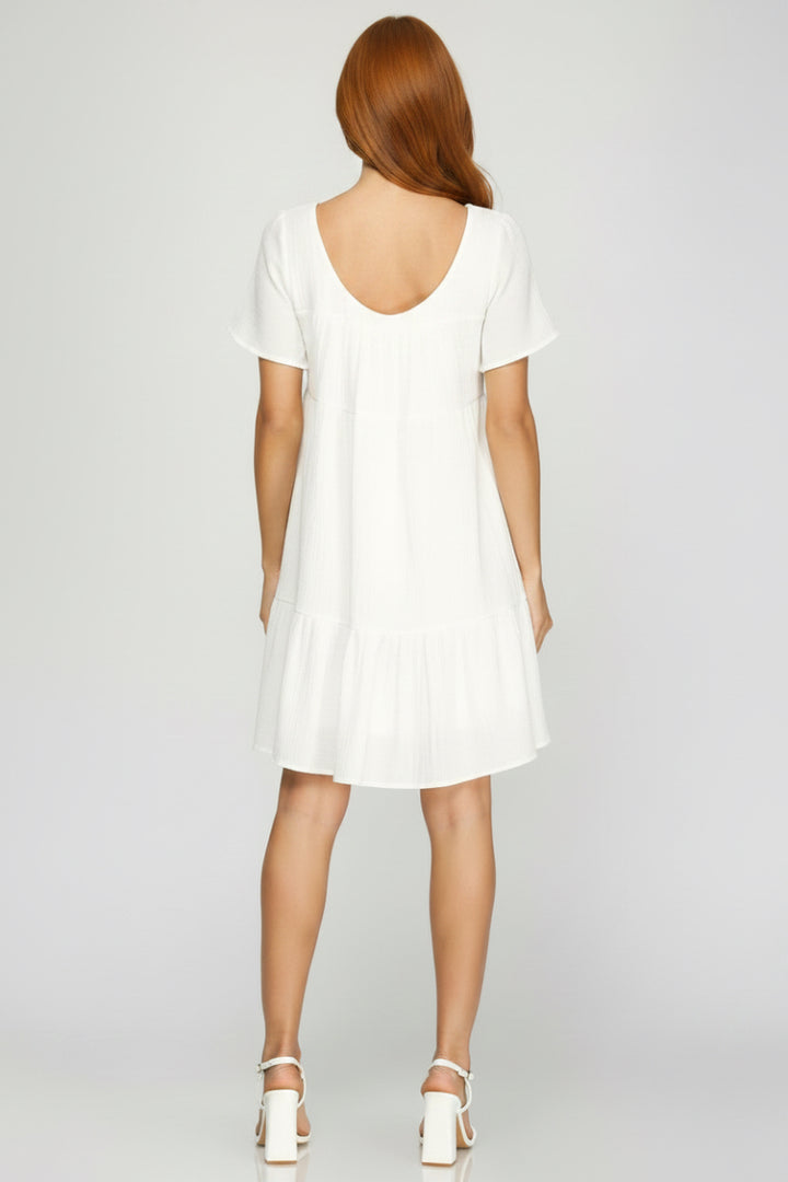 SHORT SLEEVE SQUARE NECK GAUZE TIERED DRESS-SKSY3759