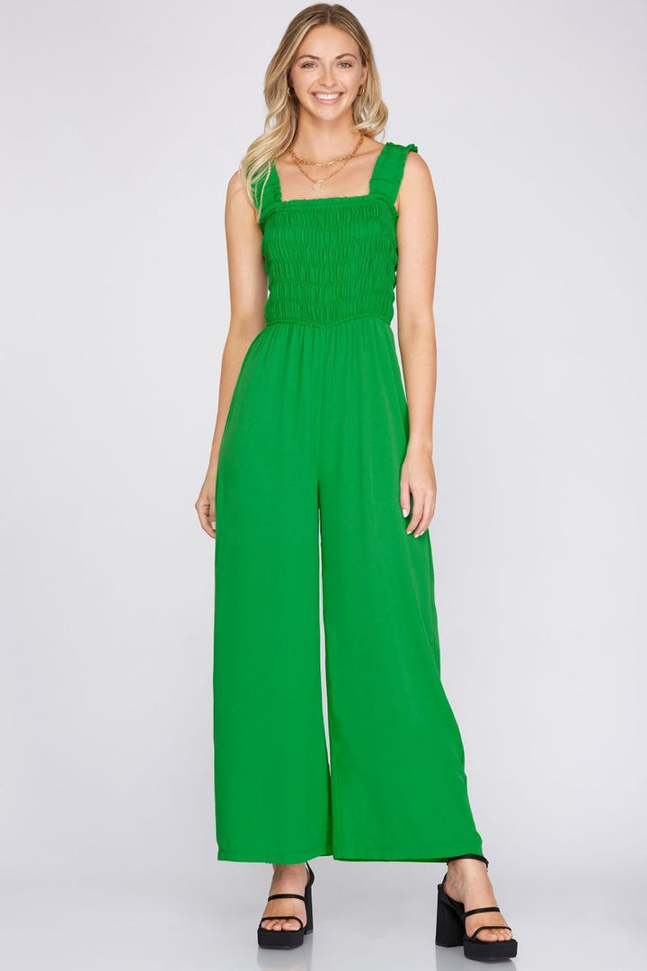 GREEN SMOCKED ELASTIC RUFFLED STRAP JUMPSUIT SKSY3929