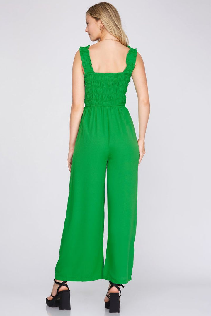 GREEN SMOCKED ELASTIC RUFFLED STRAP JUMPSUIT SKSY3929