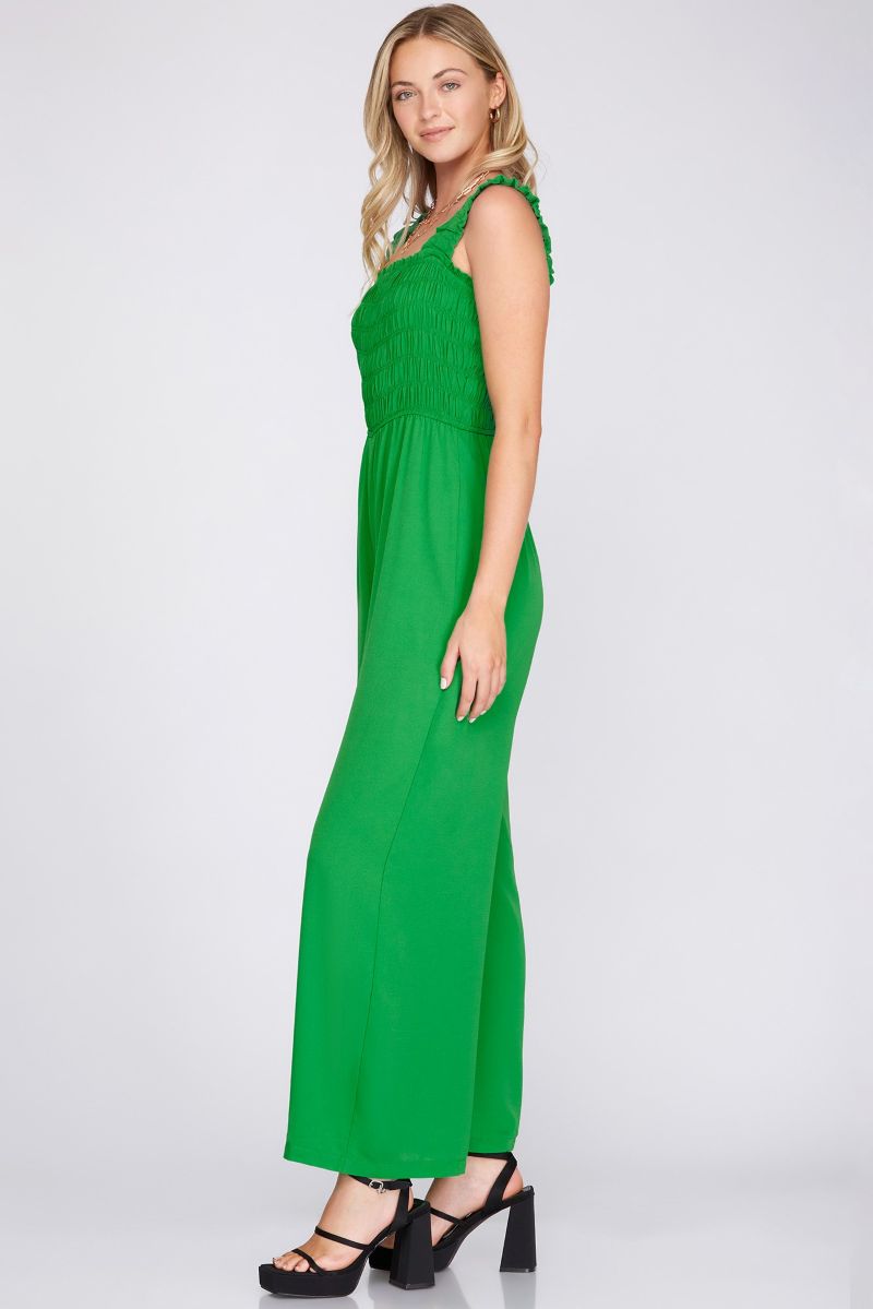 GREEN SMOCKED ELASTIC RUFFLED STRAP JUMPSUIT SKSY3929