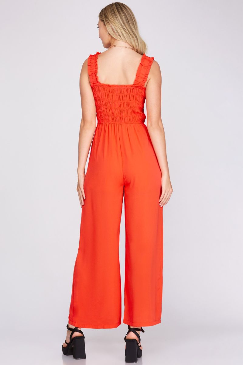 TOMATO SMOCKED ELASTIC RUFFLED STRAP JUMPSUIT SKSY3929