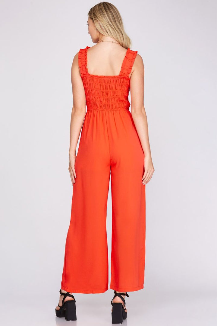 TOMATO SMOCKED ELASTIC RUFFLED STRAP JUMPSUIT SKSY3929