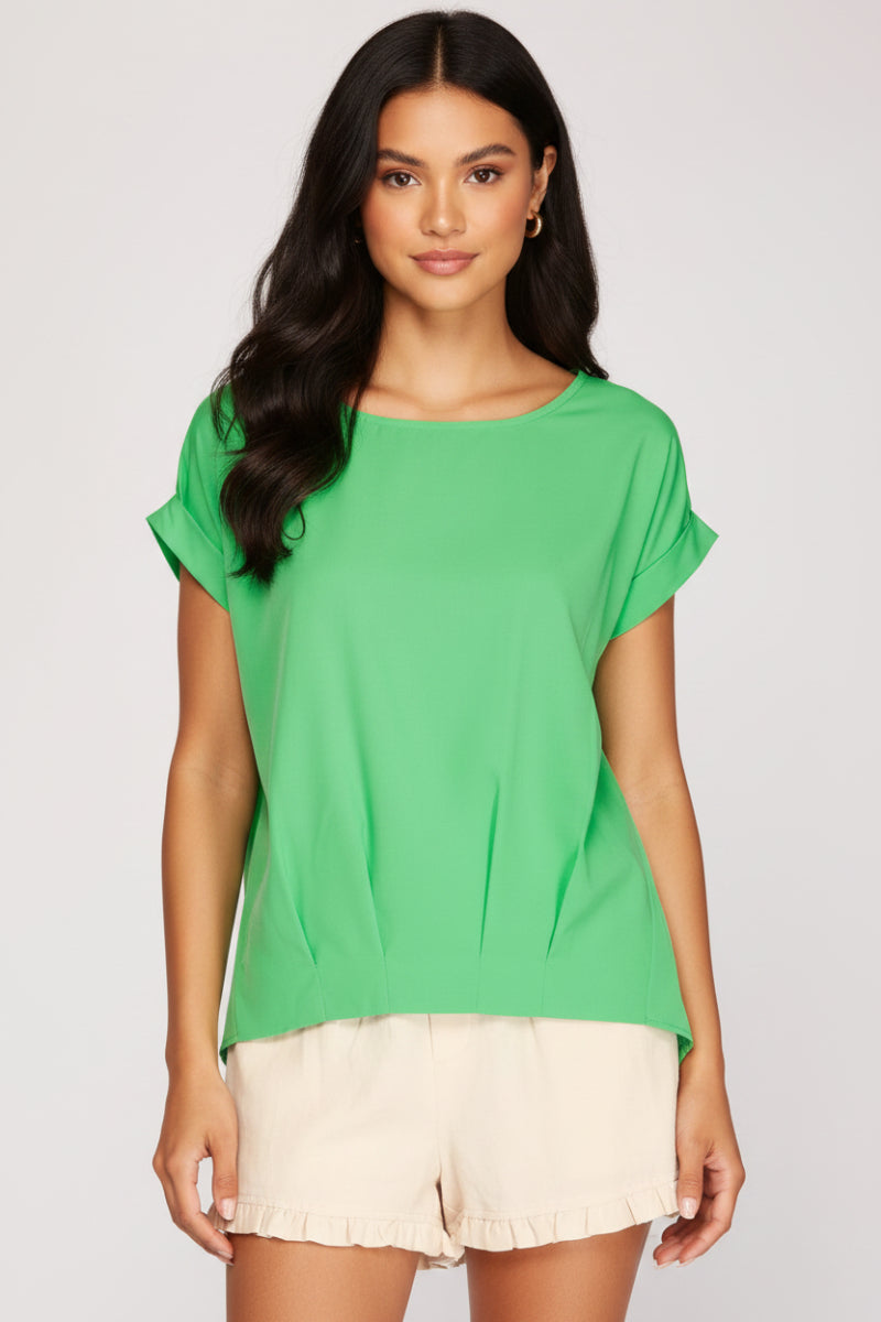 RED DROP SHOULDER BOAT NECK WOVEN TOP -