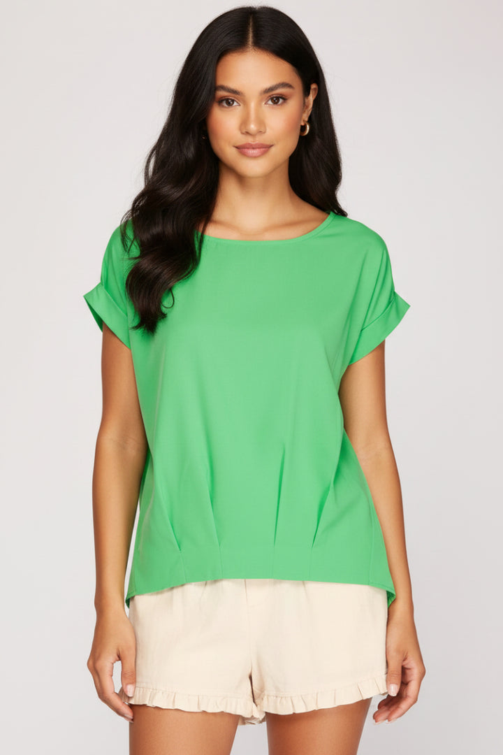RED DROP SHOULDER BOAT NECK WOVEN TOP -