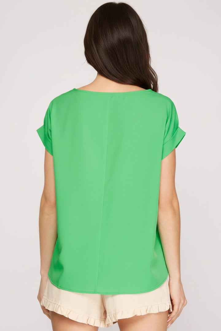 RED DROP SHOULDER BOAT NECK WOVEN TOP -