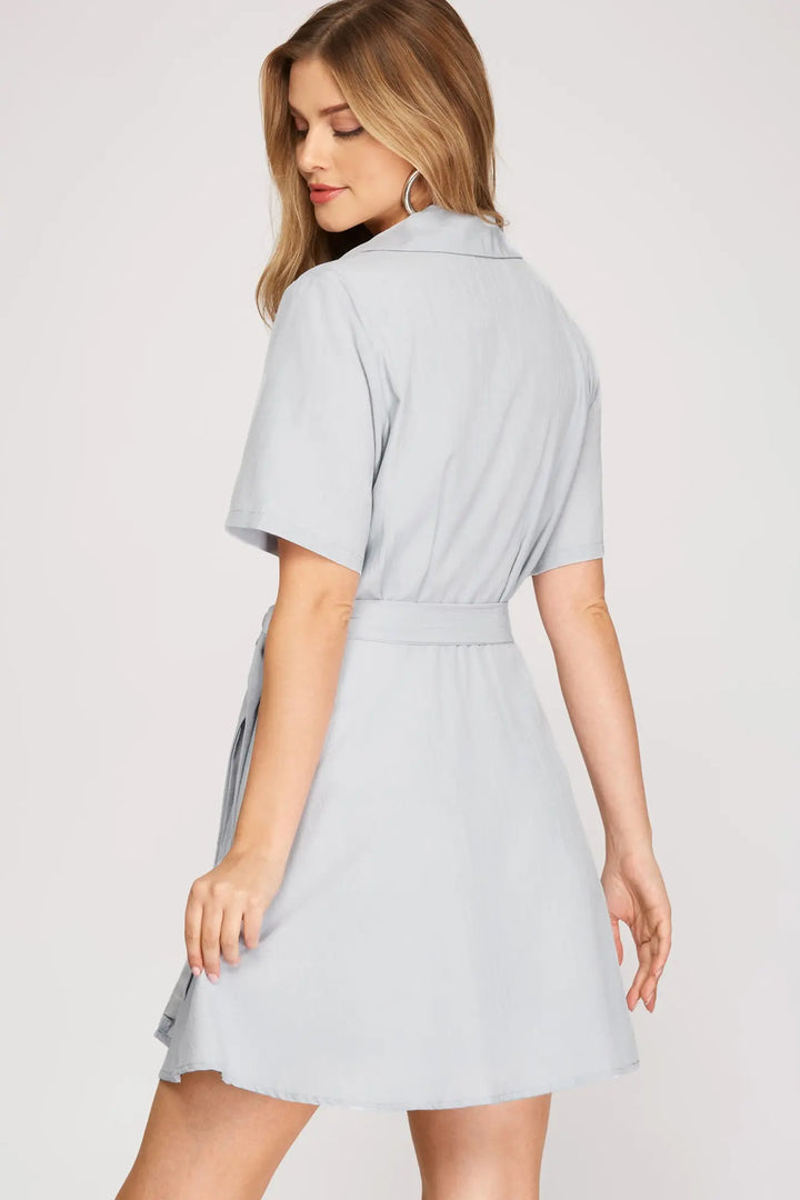 WARP COLLARED FRONT SIDE TIE WOVEN MINI DRESS SKSY3822