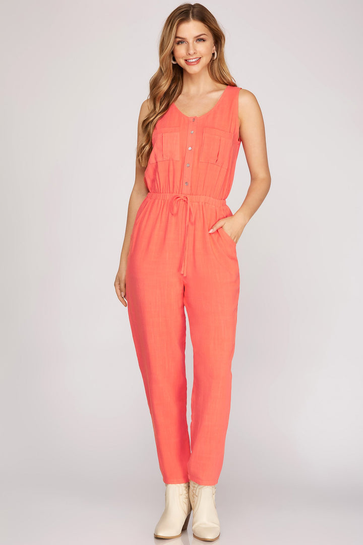 SLEEVELESS BUTTON DOWN ELASTIC WAIST WOVEN JUMPSUIT