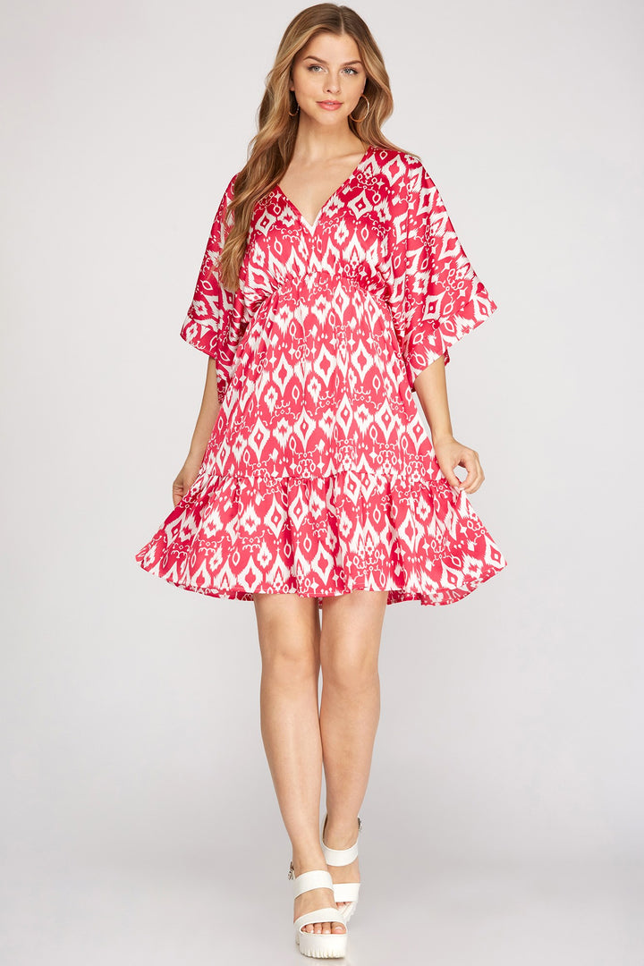V-NECK KIMONO SLEEVES TIERED WOVEN MINI DRESS