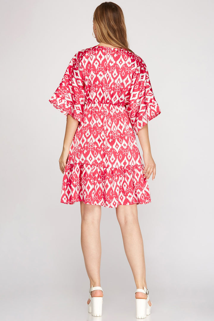 V-NECK KIMONO SLEEVES TIERED WOVEN MINI DRESS