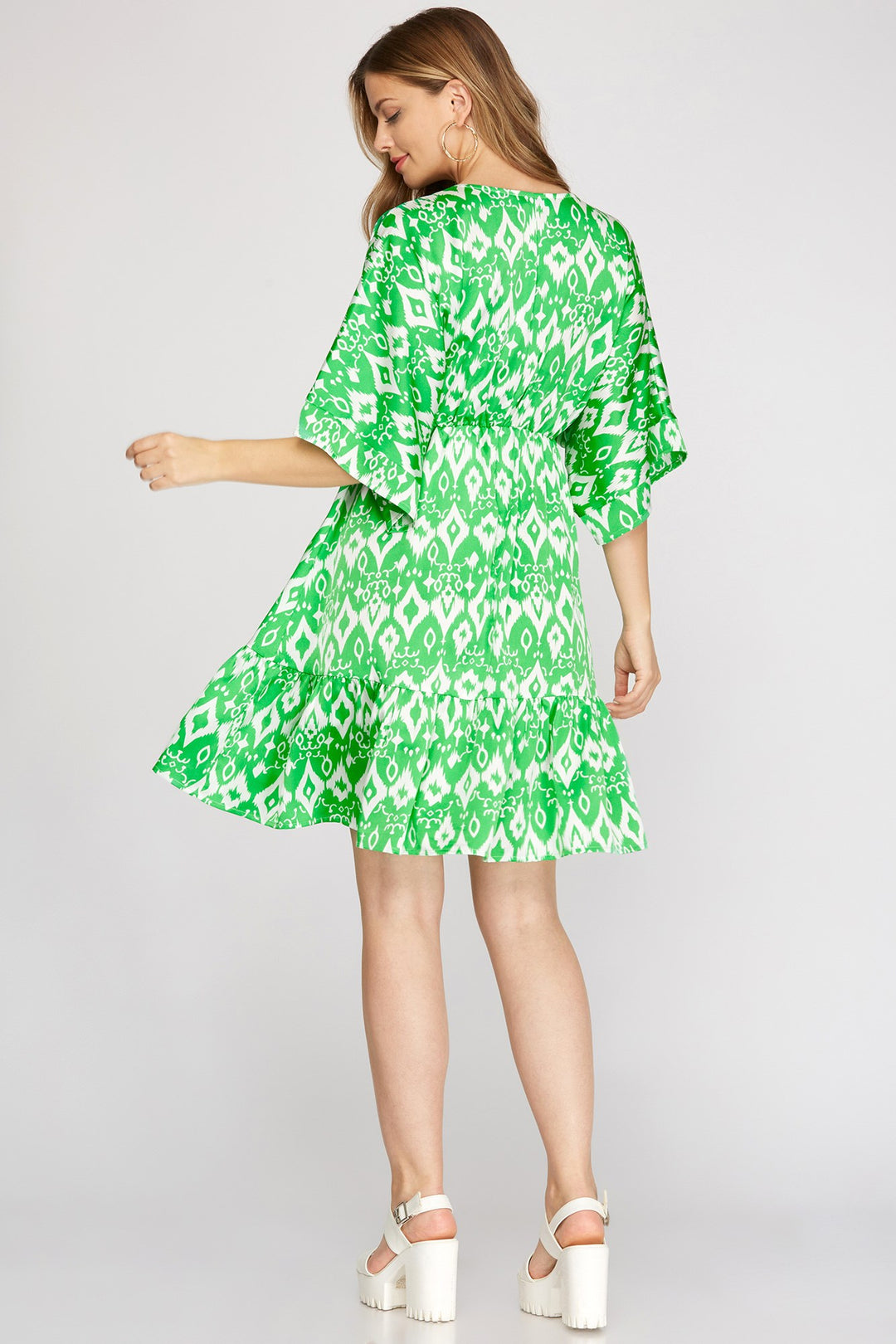 V-NECK KIMONO SLEEVES TIERED WOVEN MINI DRESS