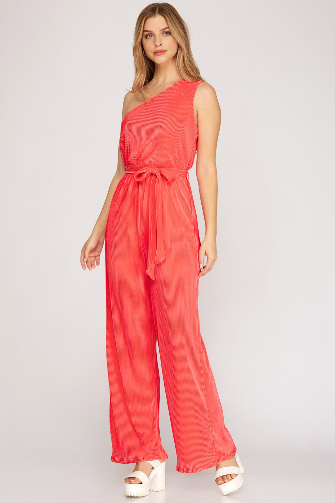ONE SHOULDER PLISSE W/ SASH JUMPSUIT