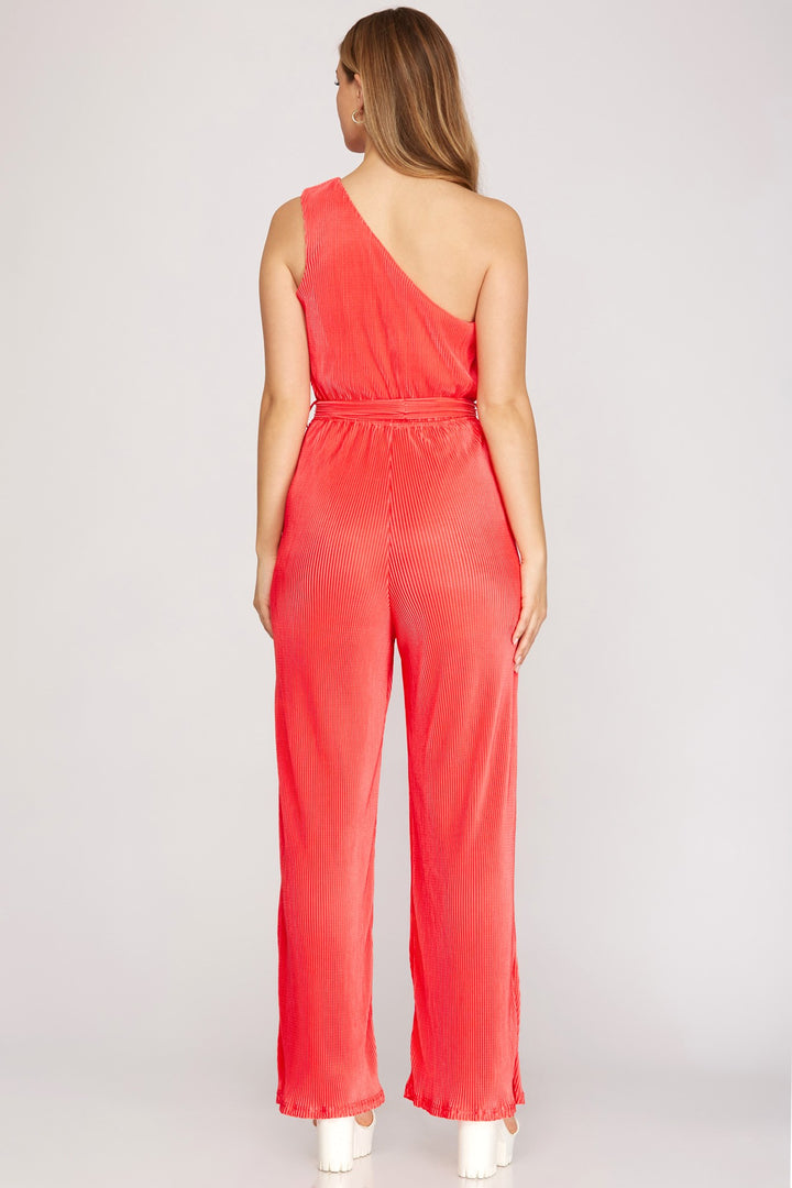 ONE SHOULDER PLISSE W/ SASH JUMPSUIT