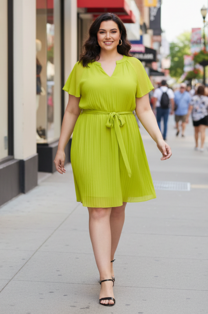 FLOUNCE SLEEVES PLEATED WAIST SASH PLUS SIZE MINI DRESS SKPSY3953
