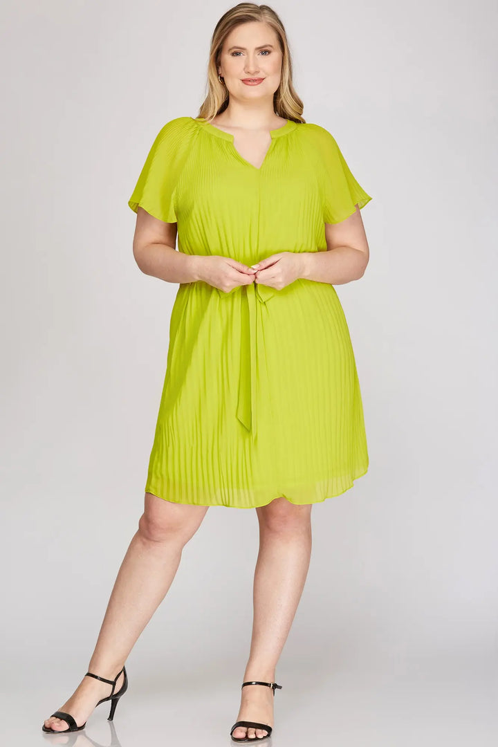 FLOUNCE SLEEVES PLEATED WAIST SASH PLUS SIZE MINI DRESS SKPSY3953