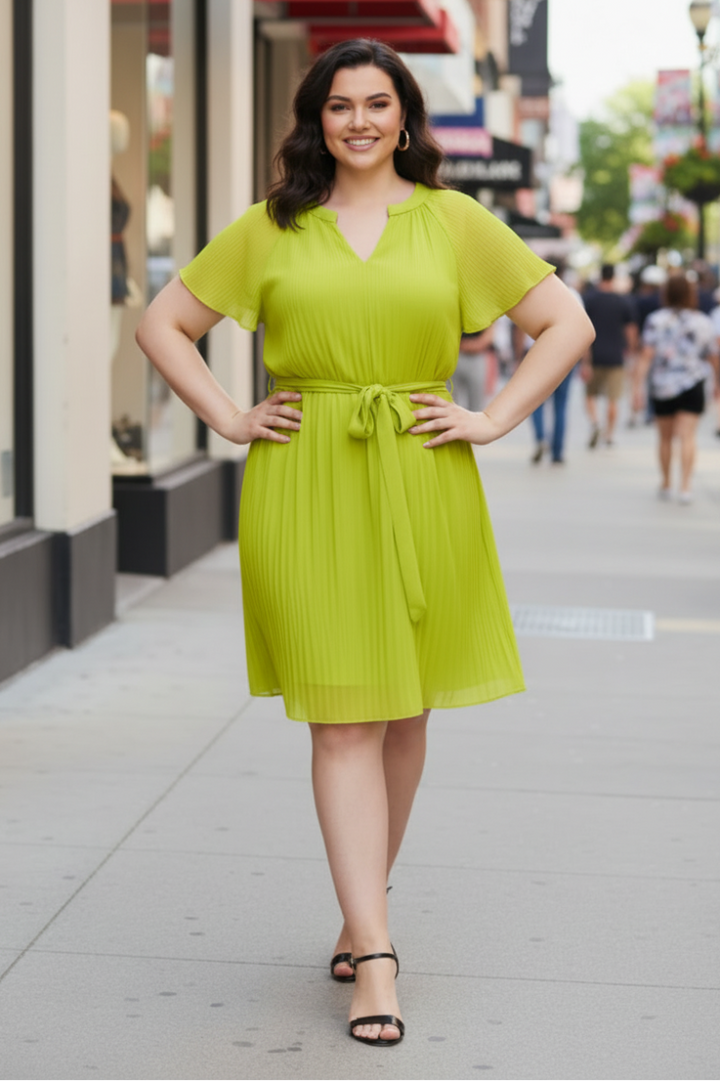 FLOUNCE SLEEVES PLEATED WAIST SASH PLUS SIZE MINI DRESS SKPSY3953