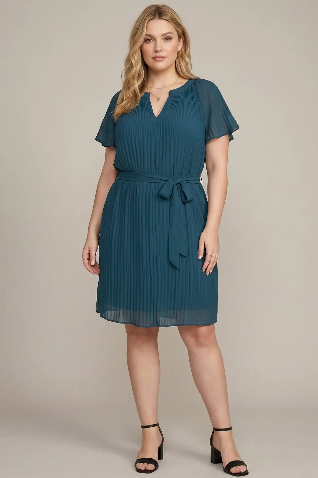 FLOUNCE SLEEVES PLEATED WAIST SASH PLUS SIZE MINI DRESS SKPSY3953