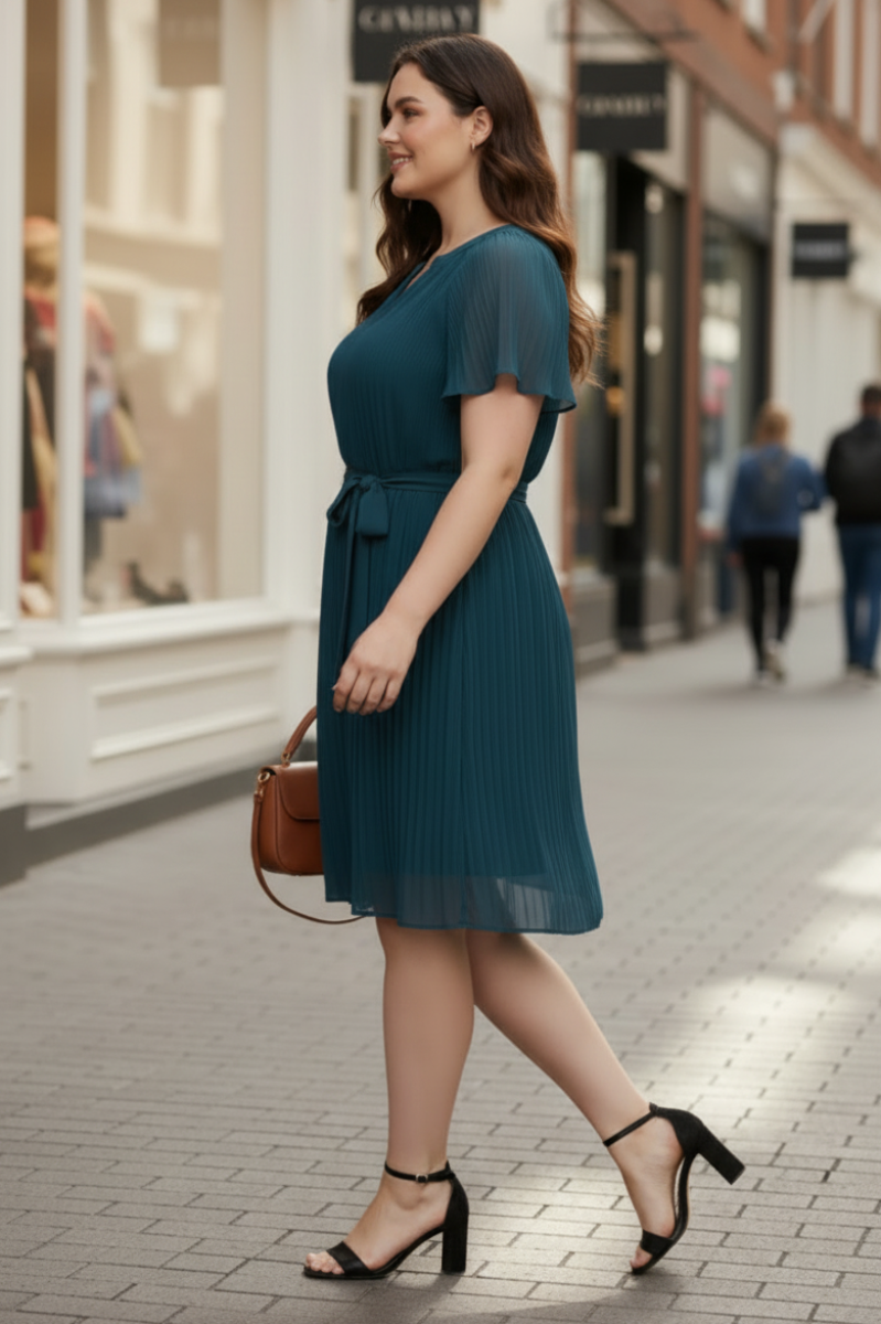 FLOUNCE SLEEVES PLEATED WAIST SASH PLUS SIZE MINI DRESS SKPSY3953