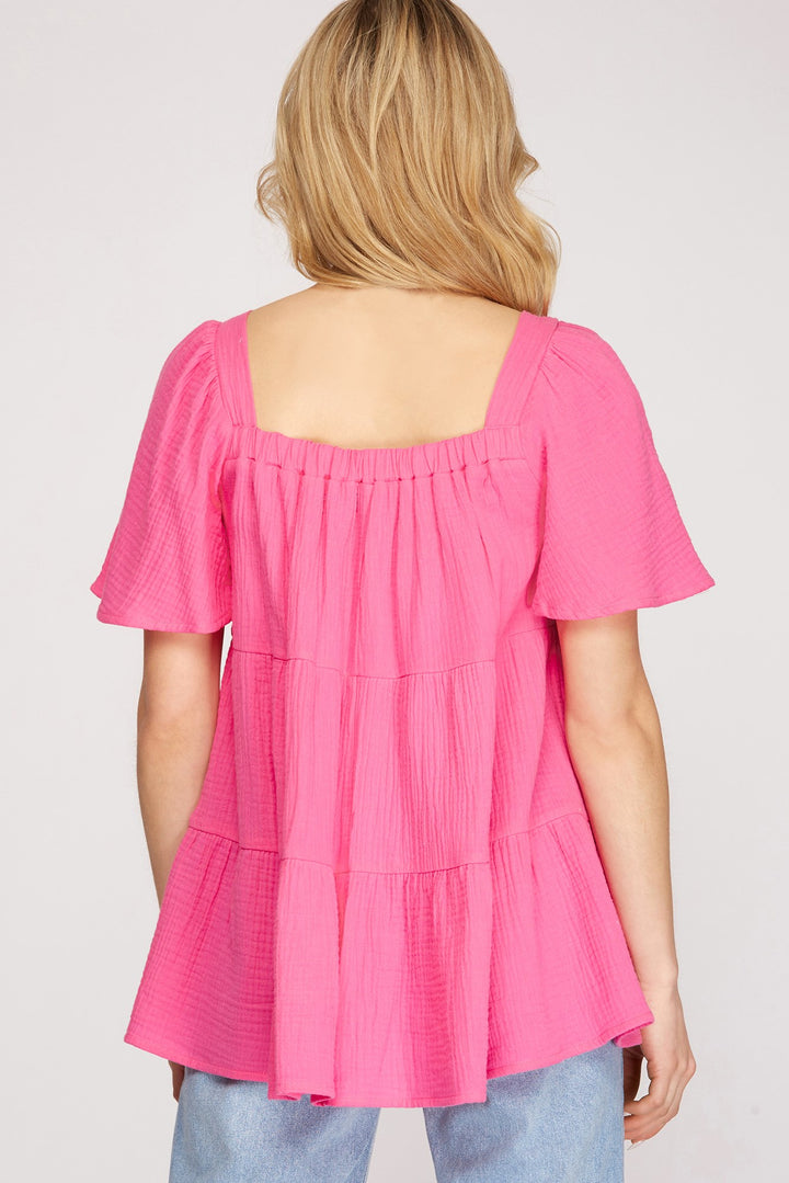 FLOUNCE SLEEVES TIERED DOUBLE GAUZE TUNIC TOP
