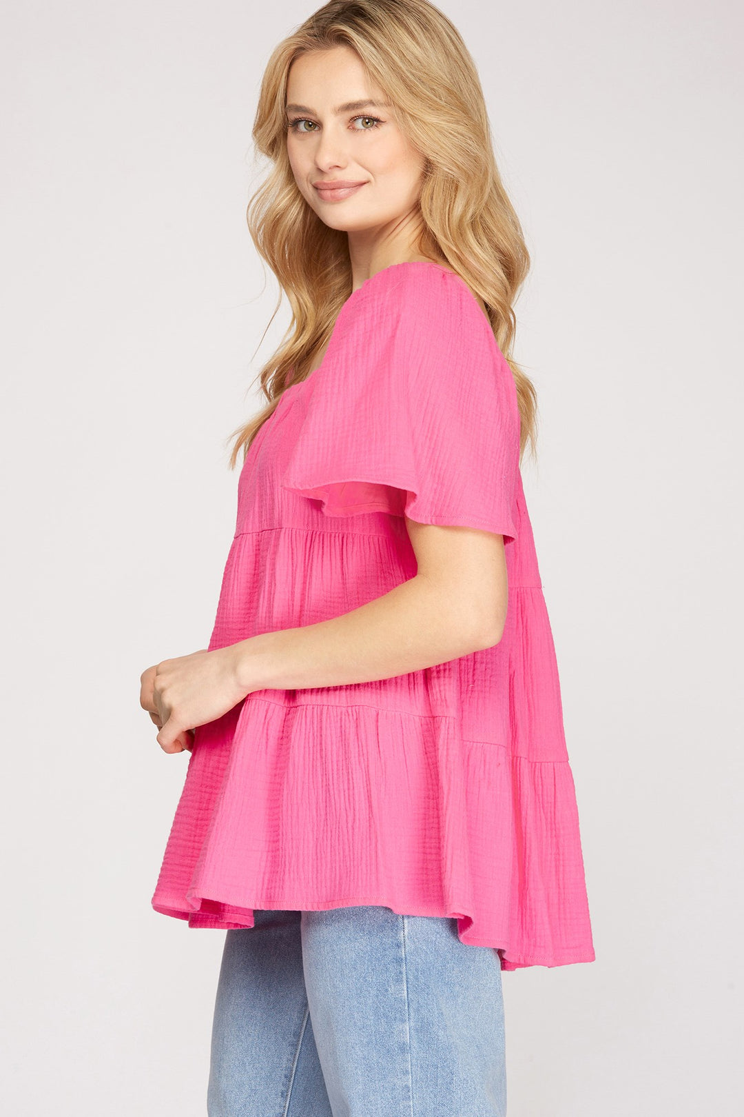 FLOUNCE SLEEVES TIERED DOUBLE GAUZE TUNIC TOP