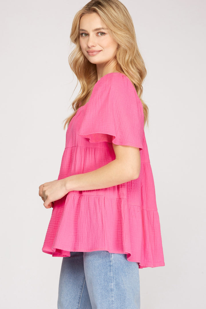 FLOUNCE SLEEVES TIERED DOUBLE GAUZE TUNIC TOP