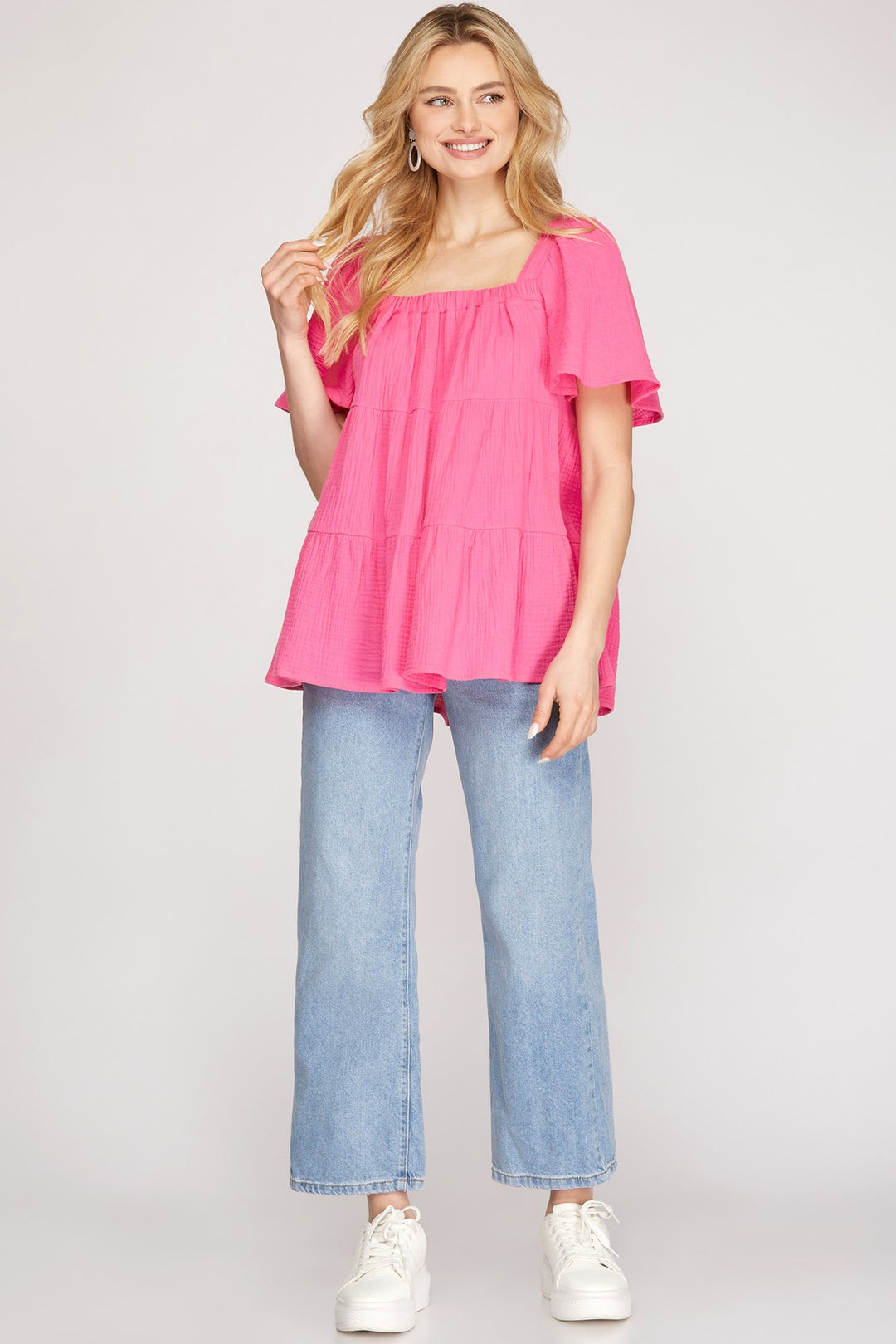 FLOUNCE SLEEVES TIERED DOUBLE GAUZE TUNIC TOP