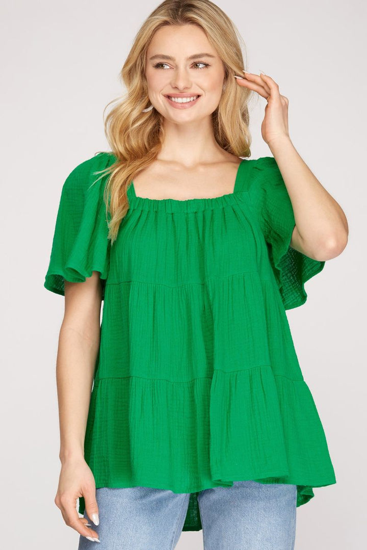 FLOUNCE SLEEVES TIERED DOUBLE GAUZE TUNIC TOP
