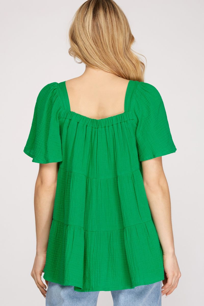 FLOUNCE SLEEVES TIERED DOUBLE GAUZE TUNIC TOP
