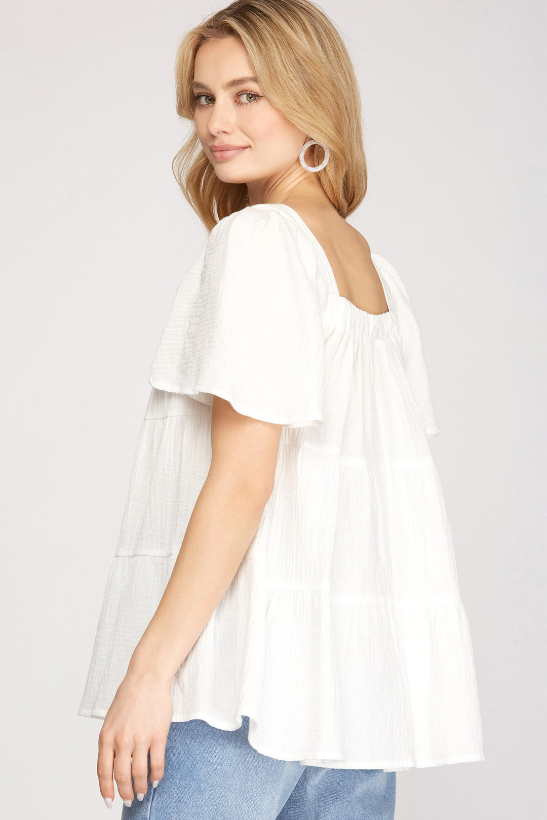 FLOUNCE SLEEVES TIERED DOUBLE GAUZE TUNIC TOP