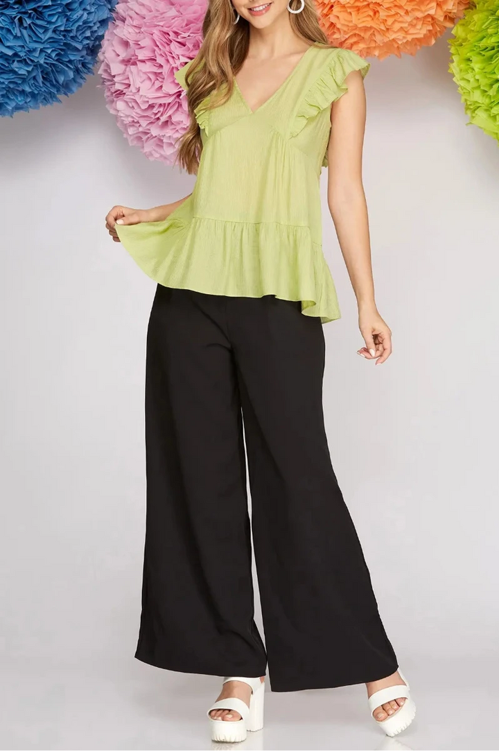 RUFFLE SLEEVE WOVEN TEXTURED V NECK TOP*