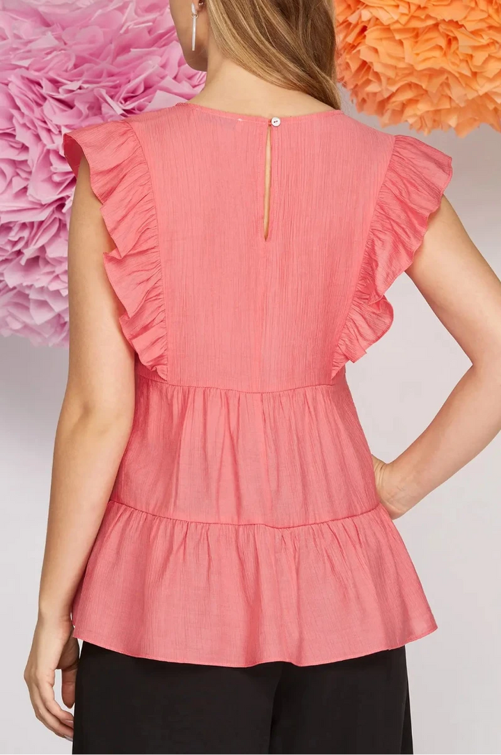 RUFFLE SLEEVE WOVEN TEXTURED V NECK TOP*