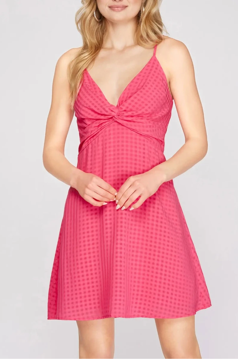 CHECKER TEXTURED FRONT TWIST CAMI WOVEN MINI DRESS