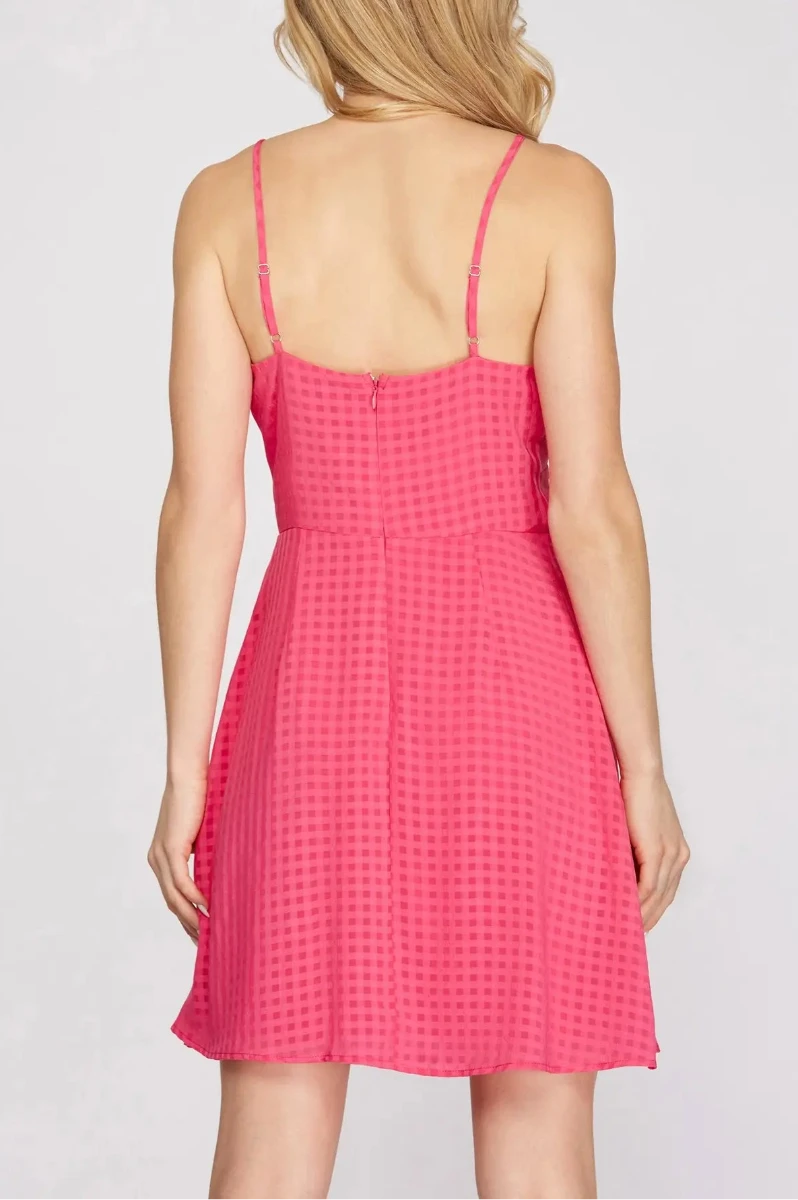CHECKER TEXTURED FRONT TWIST CAMI WOVEN MINI DRESS