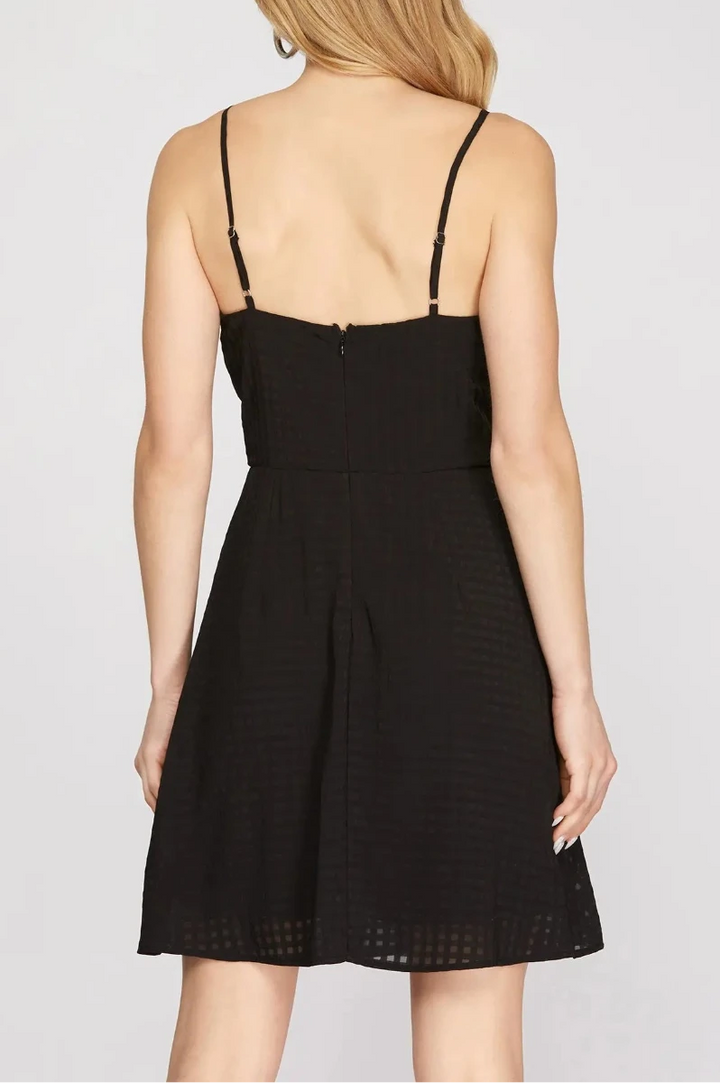CHECKER TEXTURED FRONT TWIST CAMI WOVEN MINI DRESS