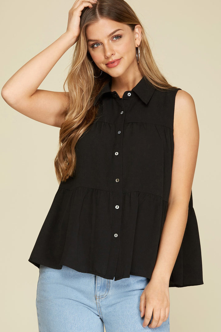 SLEEVELESS WOVEN TIERED BUTTON DOWN SHIRT TOP