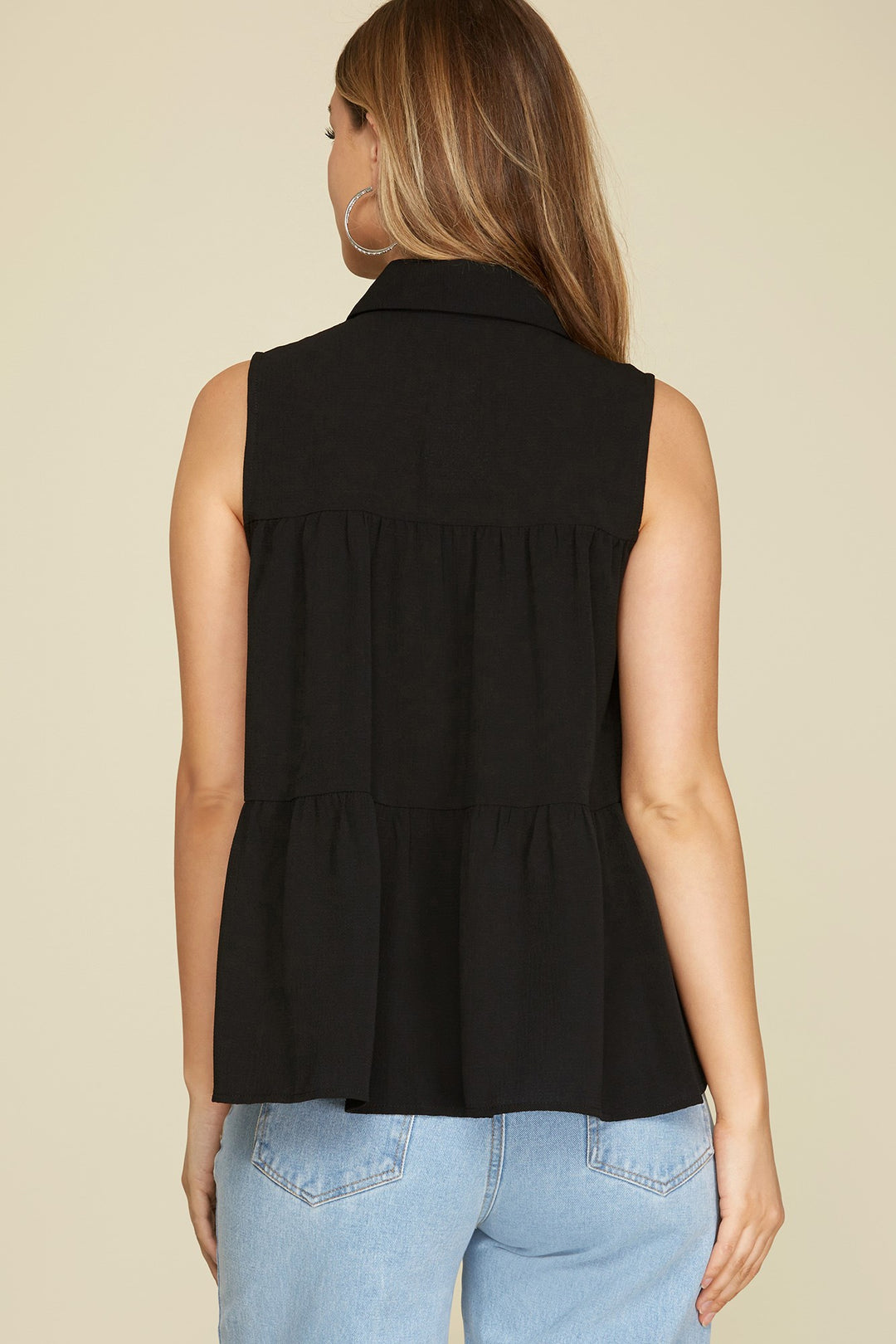 SLEEVELESS WOVEN TIERED BUTTON DOWN SHIRT TOP