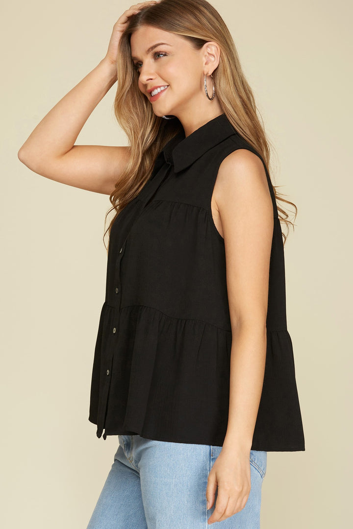 SLEEVELESS WOVEN TIERED BUTTON DOWN SHIRT TOP