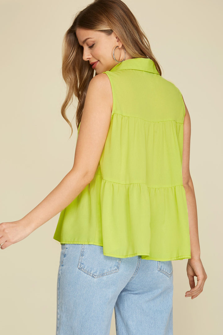 SLEEVELESS WOVEN TIERED BUTTON DOWN SHIRT TOP