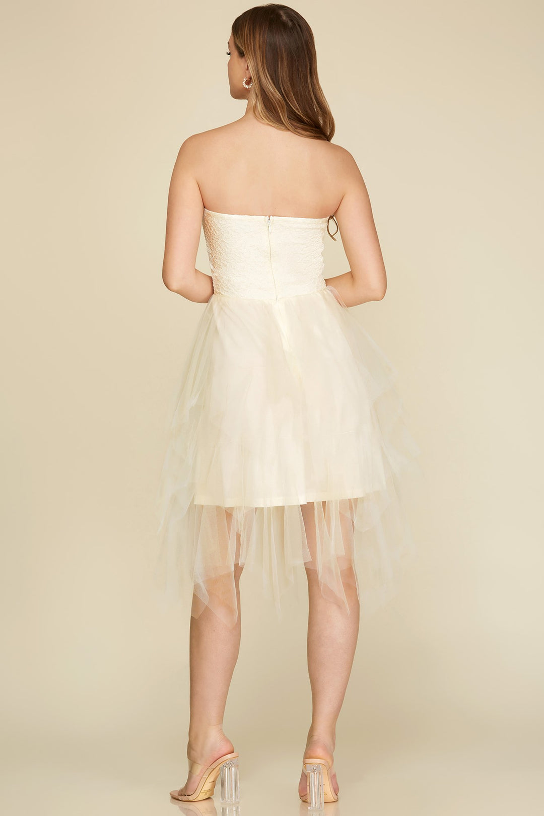 TEXTURED KNIT TUBE TULLE ASYMMETRICAL HEM MINI DRESS