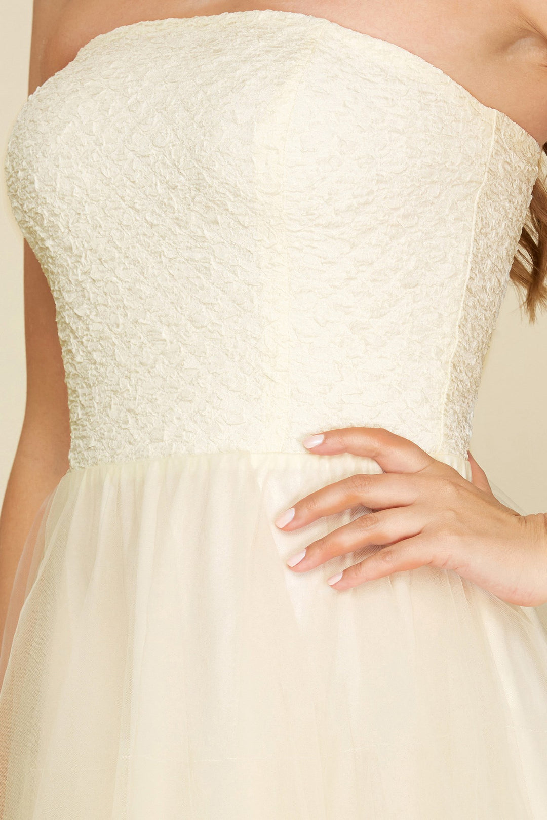 TEXTURED KNIT TUBE TULLE ASYMMETRICAL HEM MINI DRESS